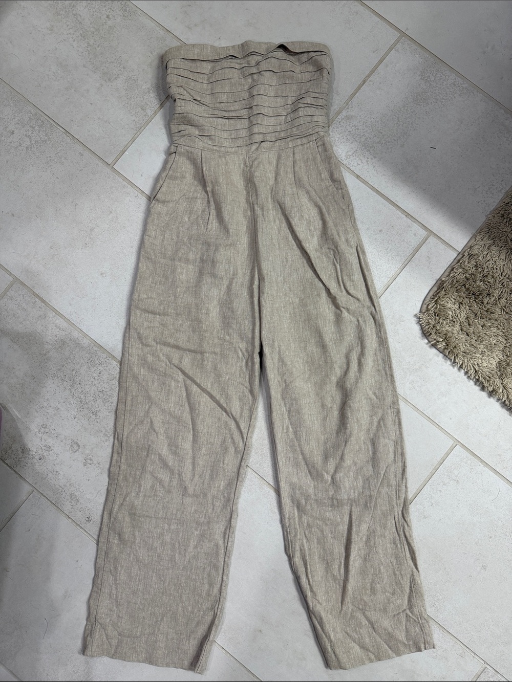 Abercrombie & Fitch Strapless Wide-Leg Linen Jumpsuit in Light Beige